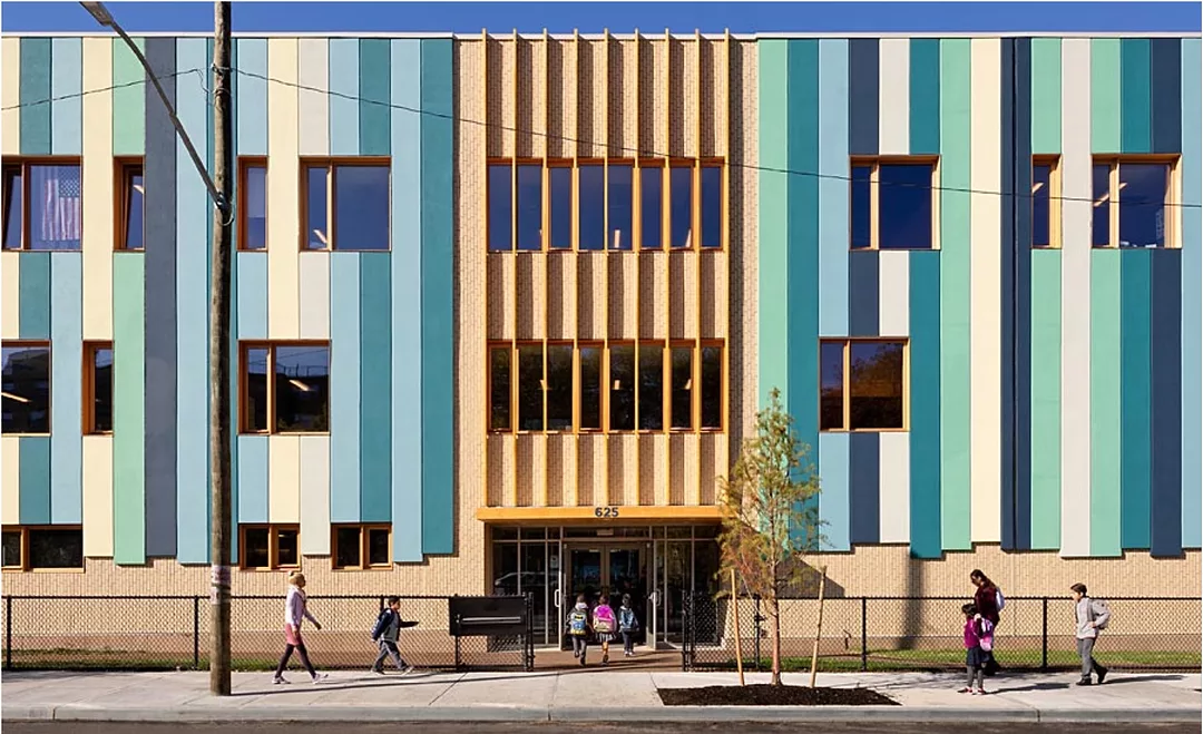 Designers for the Grand Concourse Elementary School in the Bronx NY chose a StoTherm ci fully engineered building enclosure system from Sto, which delivered both aesthetic impact and high performance. Photo provided by Sto Corp