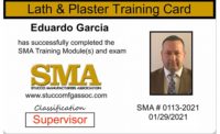 The SMA training card verifies the individual has taken classes (left) and the back lists what classes the individual has successfully passed. Photo courtesy: Stucco Manufacturers Association 