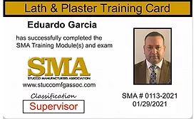 The SMA training card verifies the individual has taken classes (left) and the back lists what classes the individual has successfully passed. Photo courtesy: Stucco Manufacturers Association 