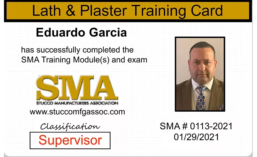 The SMA training card verifies the individual has taken classes (left) and the back lists what classes the individual has successfully passed. Photo courtesy: Stucco Manufacturers Association