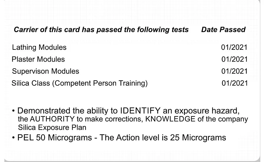 The SMA training card verifies the individual has taken classes (left) and the back lists what classes the individual has successfully passed. Photo courtesy: Stucco Manufacturers Association