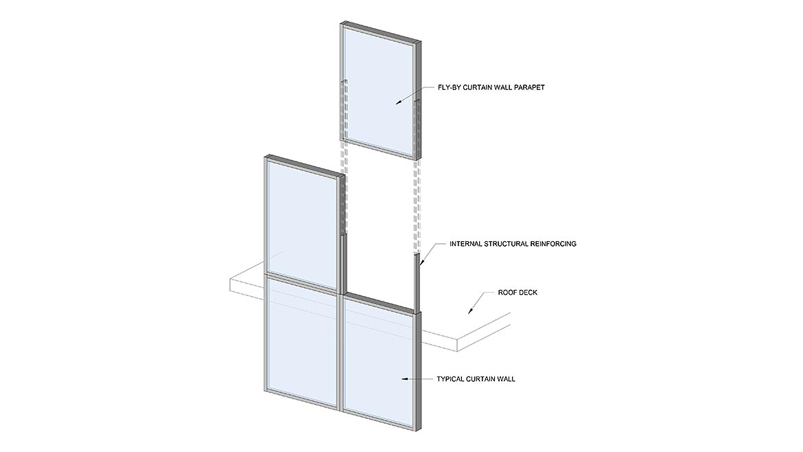Fly-by curtain wall parapet unit top-hung from outrigger