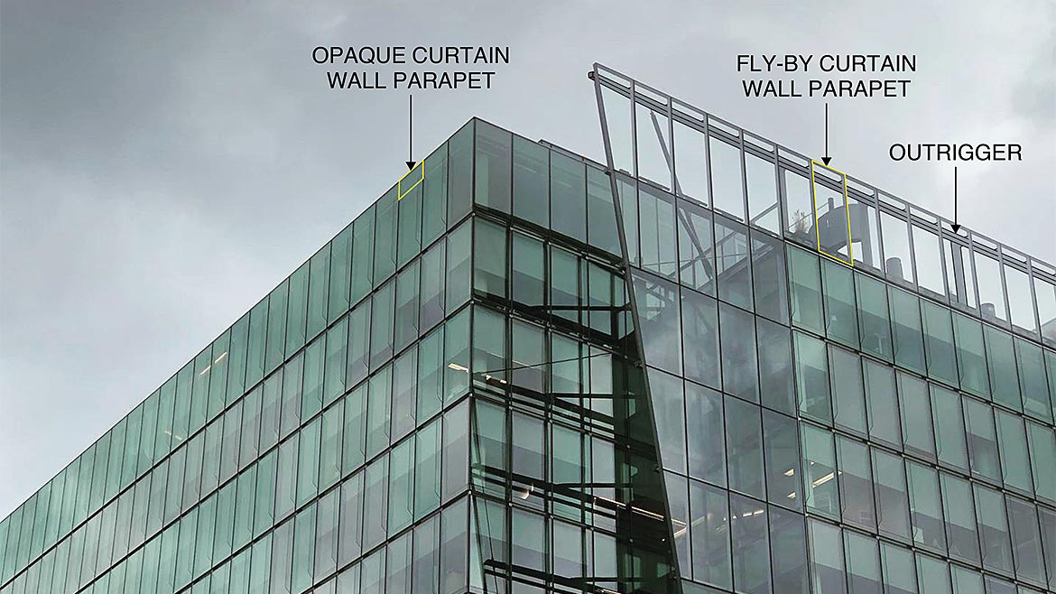 1999 K Street NW in Washington, DC with both opaque curtain wall parapets and fly-by curtain wall parapets.