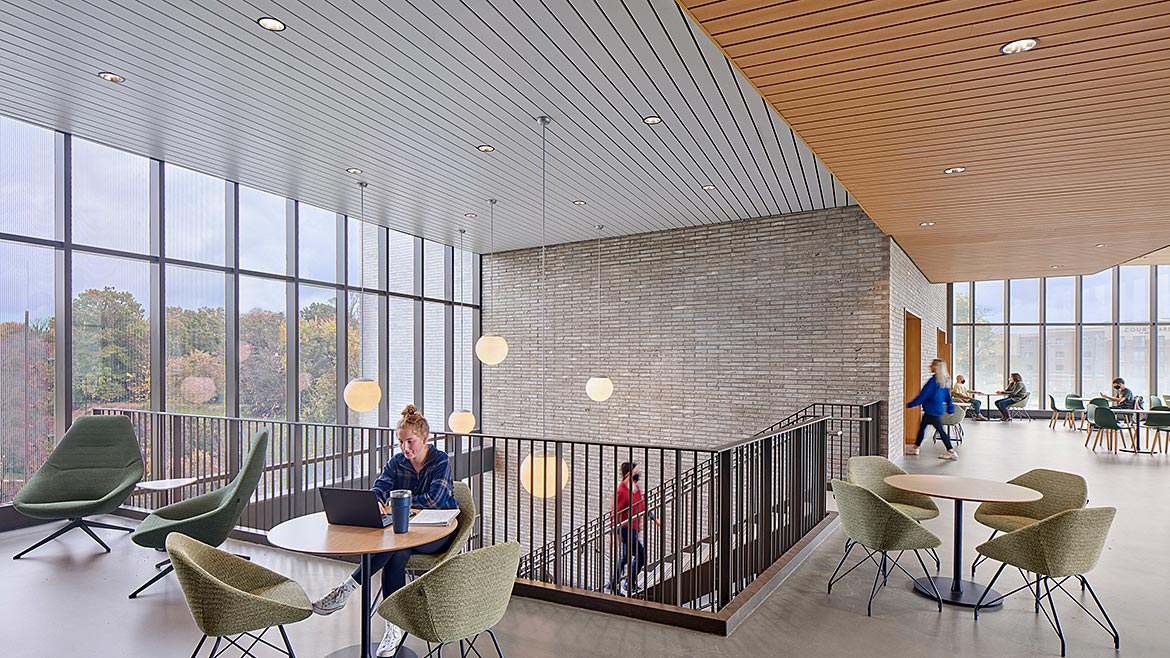 Ceiling systems are featured as a way to control the new building’s acoustics.