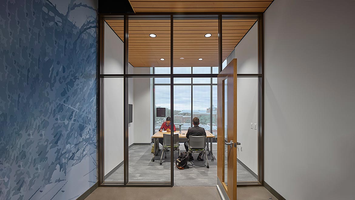 Ceiling systems are featured as a way to control the new building’s acoustics.