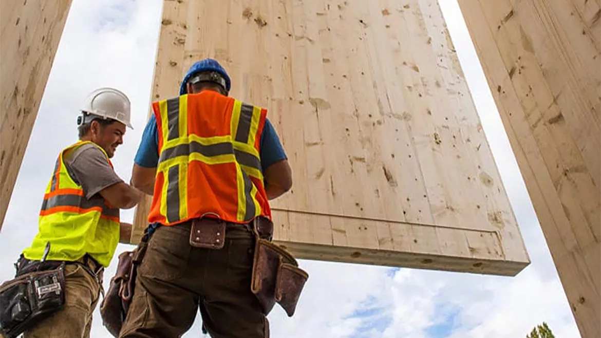 CLT wall panels are dropped into place by a crane.