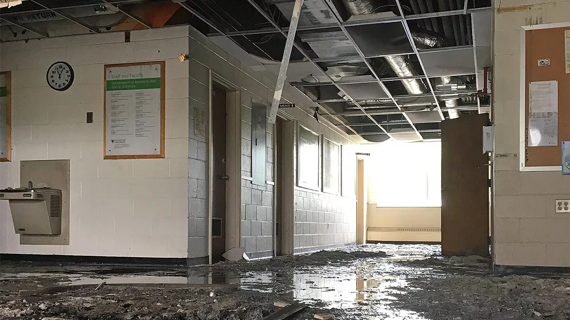 A school interior with extensive fire damage