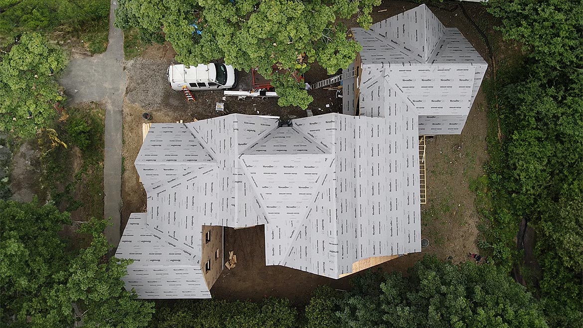An overhead view of a house with Benjamin Obdyke VaporDry installed