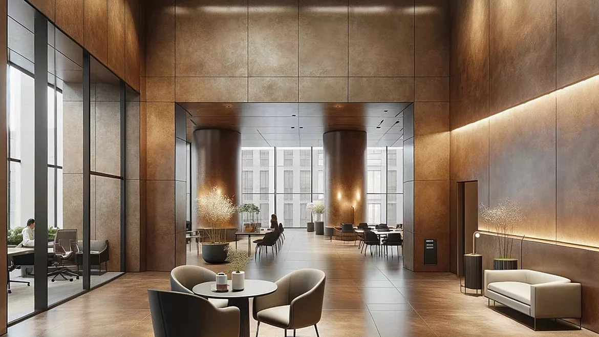 A commercial meeting area in mostly brown tones
