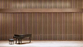 A wood paneled wall system displayed in a music hall from Geometrik 