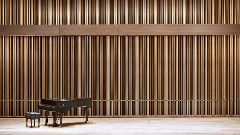 A wood paneled wall system displayed in a music hall from Geometrik 