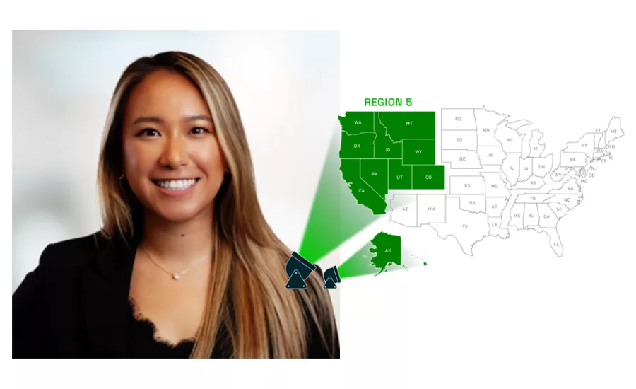 Irene Li headshot next to a map of Region 5