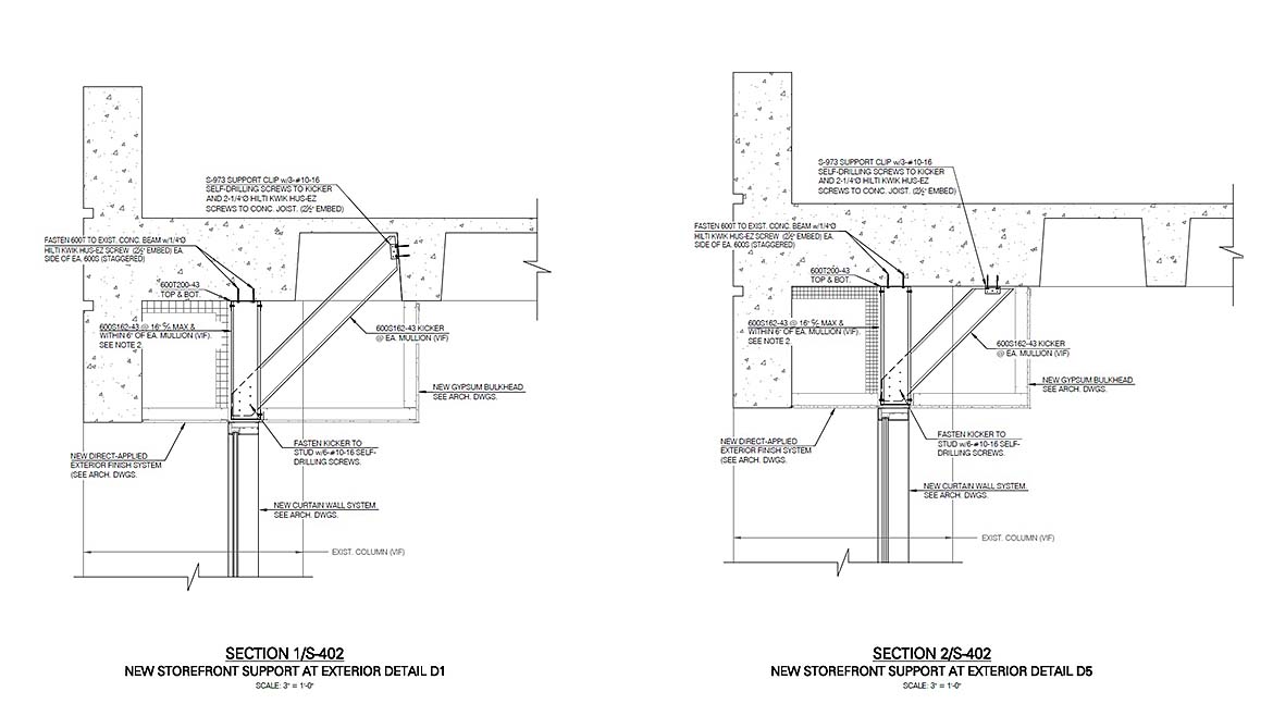 A diagram of exterior storefront supports