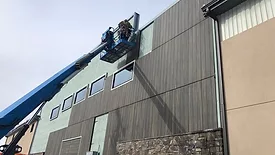 An installation of Dryvit's Wood Grain Product panels on a job site