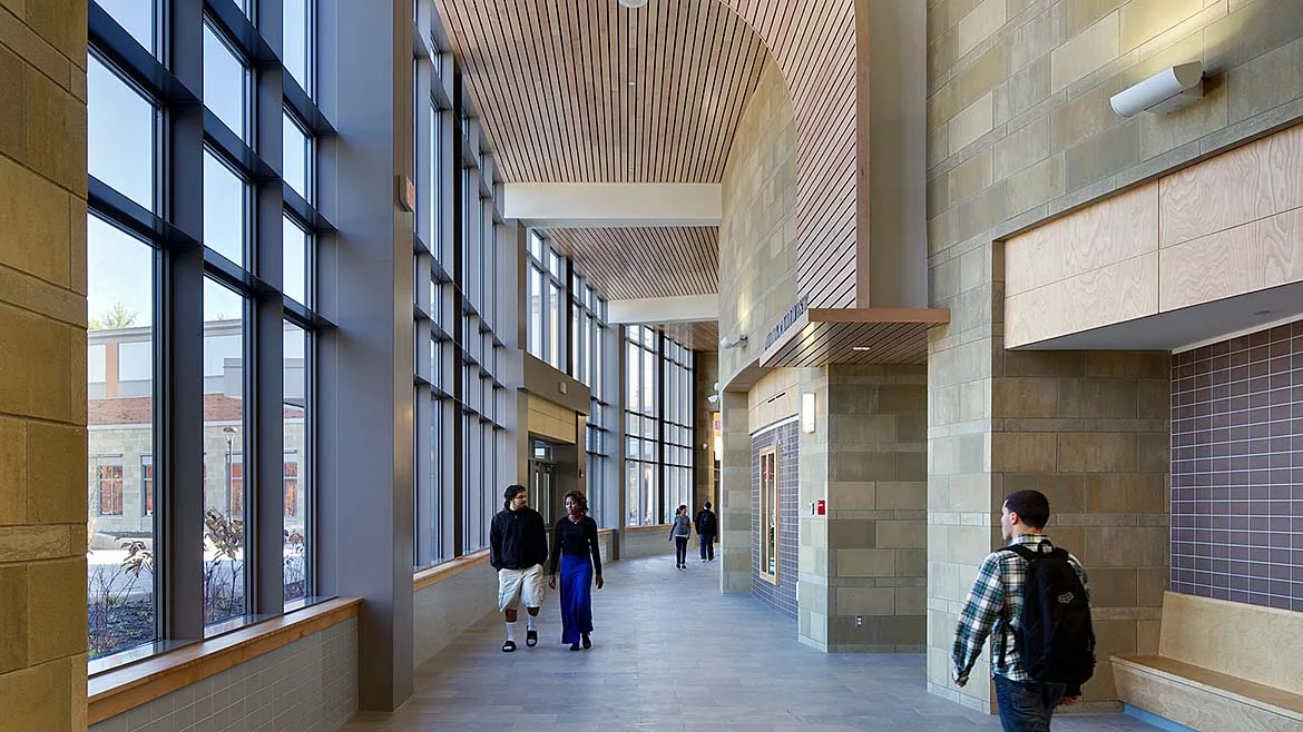Interior view of Southbridge High School in Massachusetts, featuring steel framing