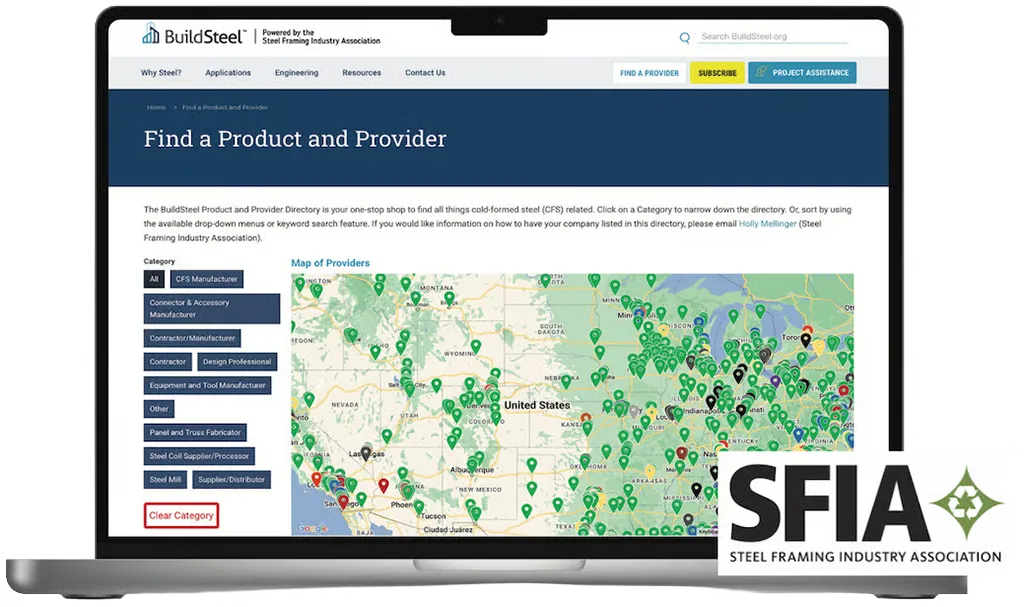 A laptop showing the home page from Buildsteel.org