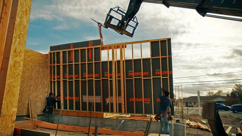 A telehandler working on a jobsite with a Arclin paneled sheathing