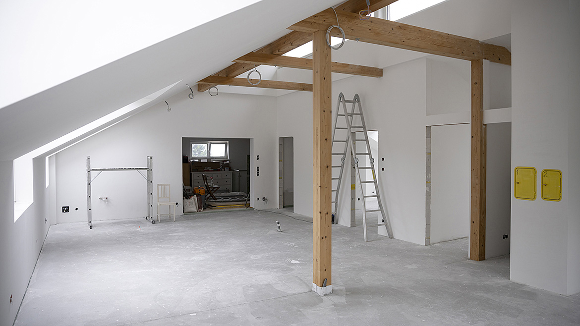 An interior drywalling work in progress