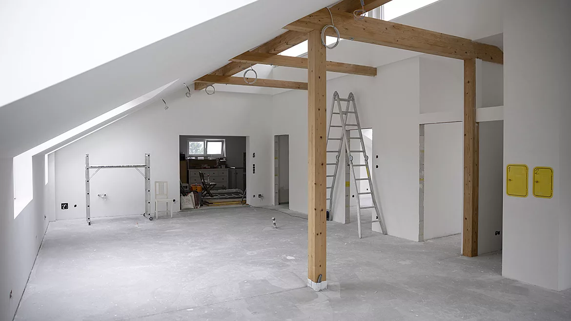 An interior drywalling work in progress