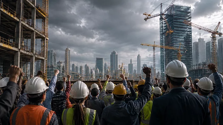 construction industry workers in hard hats stand around a city scape