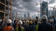 construction industry workers in hard hats stand around a city scape