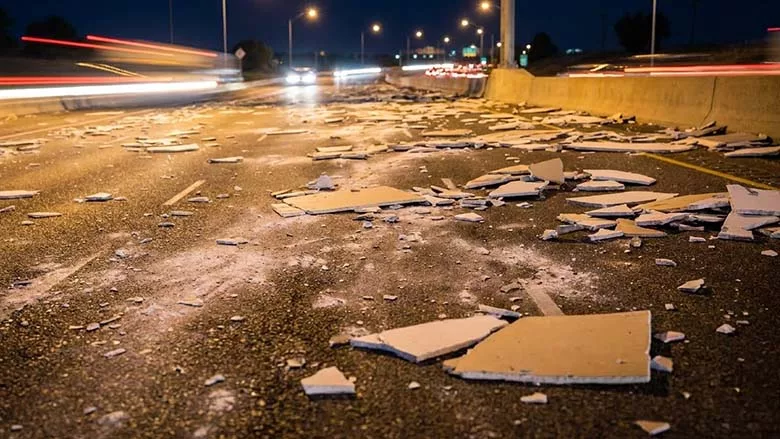 Drywall strewn across a highway at night