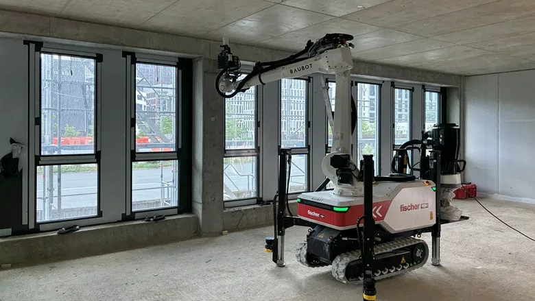 Construction robots without workers at a German office building