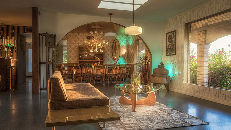 Stylized Mid-Century Modern Living Room with Dining Room in the Background