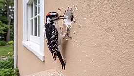 A woodpecker drills away at an EIFS coat on a residential property