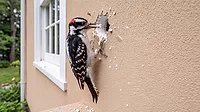 A woodpecker drills away at an EIFS coat on a residential property
