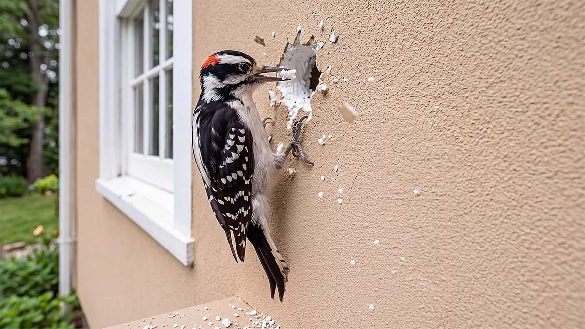 A woodpecker drills away at an EIFS coat on a residential property