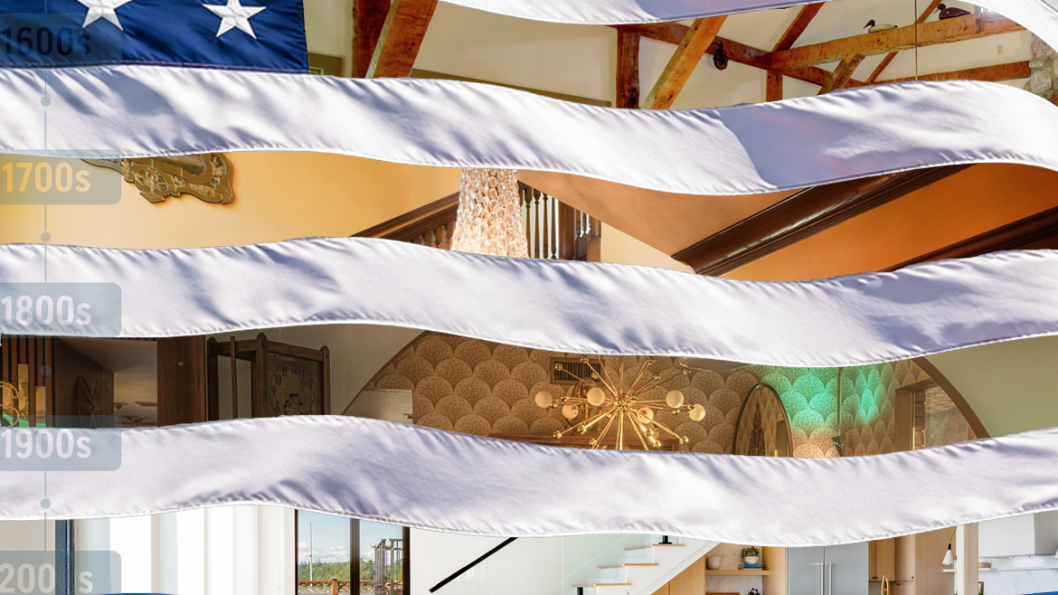 A compilation of interior design images and an American Flag