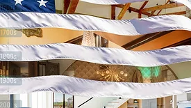 A History of Wall and Ceiling Systems in the U.S. A compilation of interior design images and an American Flag