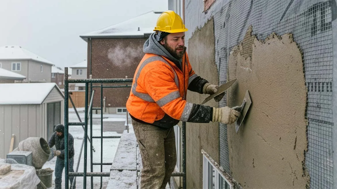 Stucco Application Tips for Extreme Weather A man applying stucco while it's cold outside