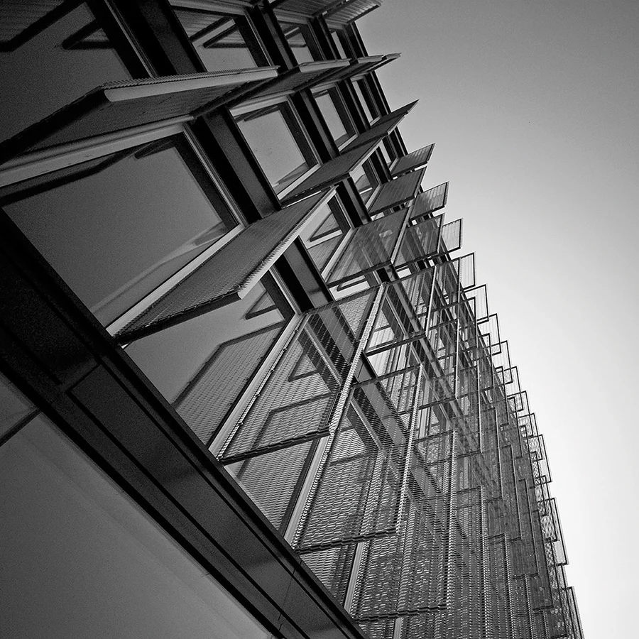 Expanded metal façades can be installed perpendicular to a building 