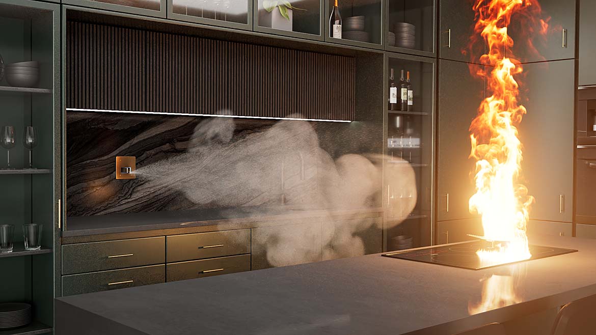 a wall-mounted residential fire suppression system that delivers water from the wall