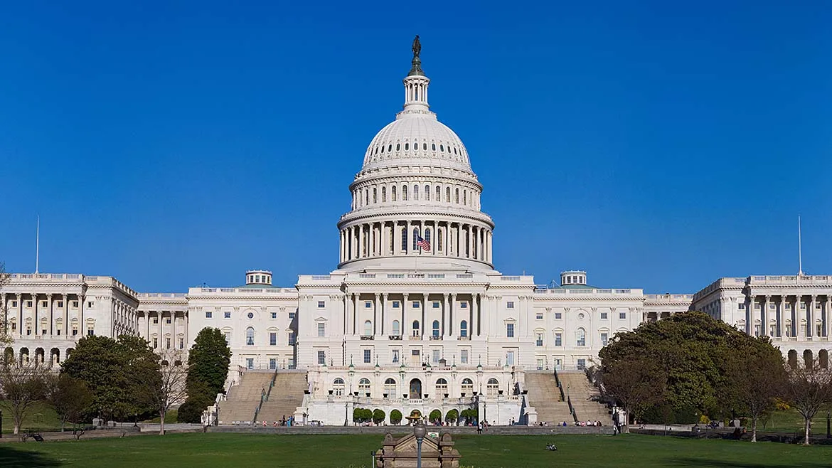 The west front of the U.S. Capitol in Washington, D.C., home to Congress and a defining example of Neoclassical architecture, crowned by its iconic central dome.